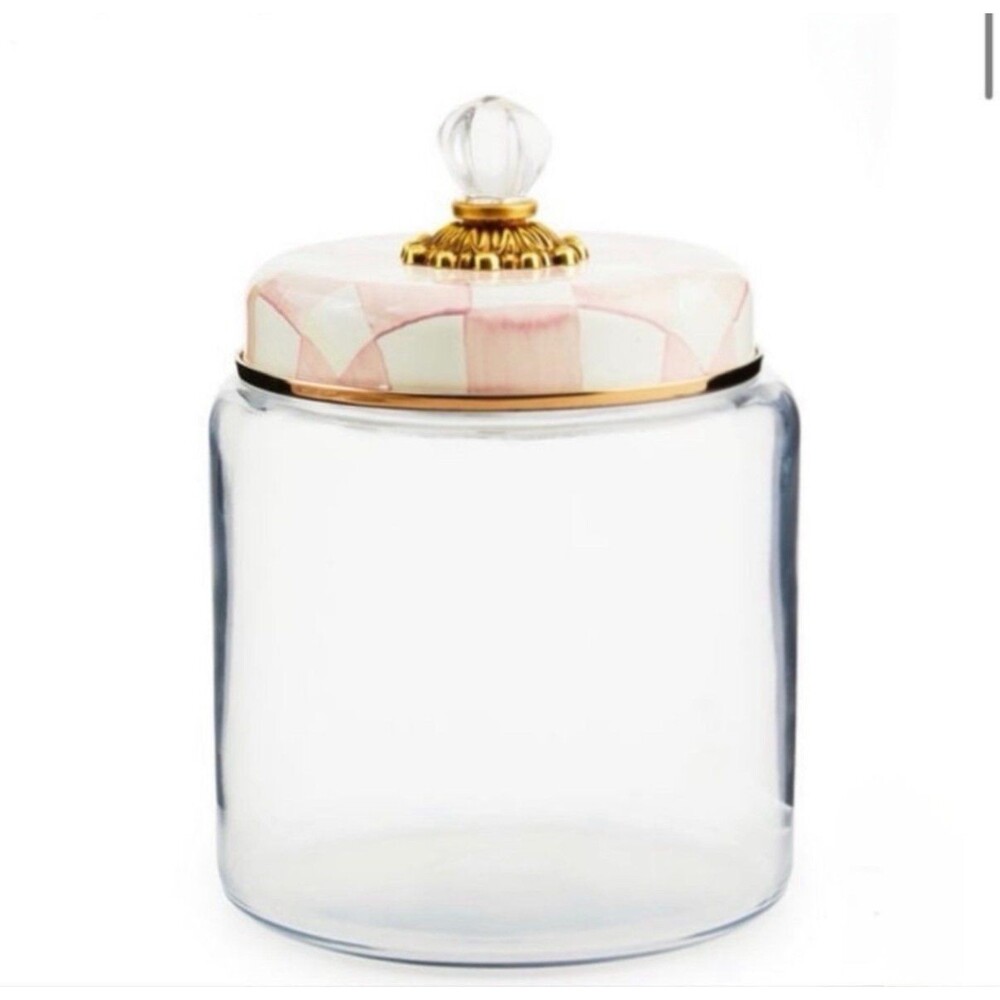 Mackenzie Childs Large Rosy Check Pink and White Glass  Canister New